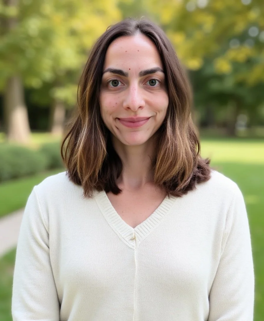 A woman with shoulder-length brown hair and light skin smiling outdoors in a park with green trees in the background.