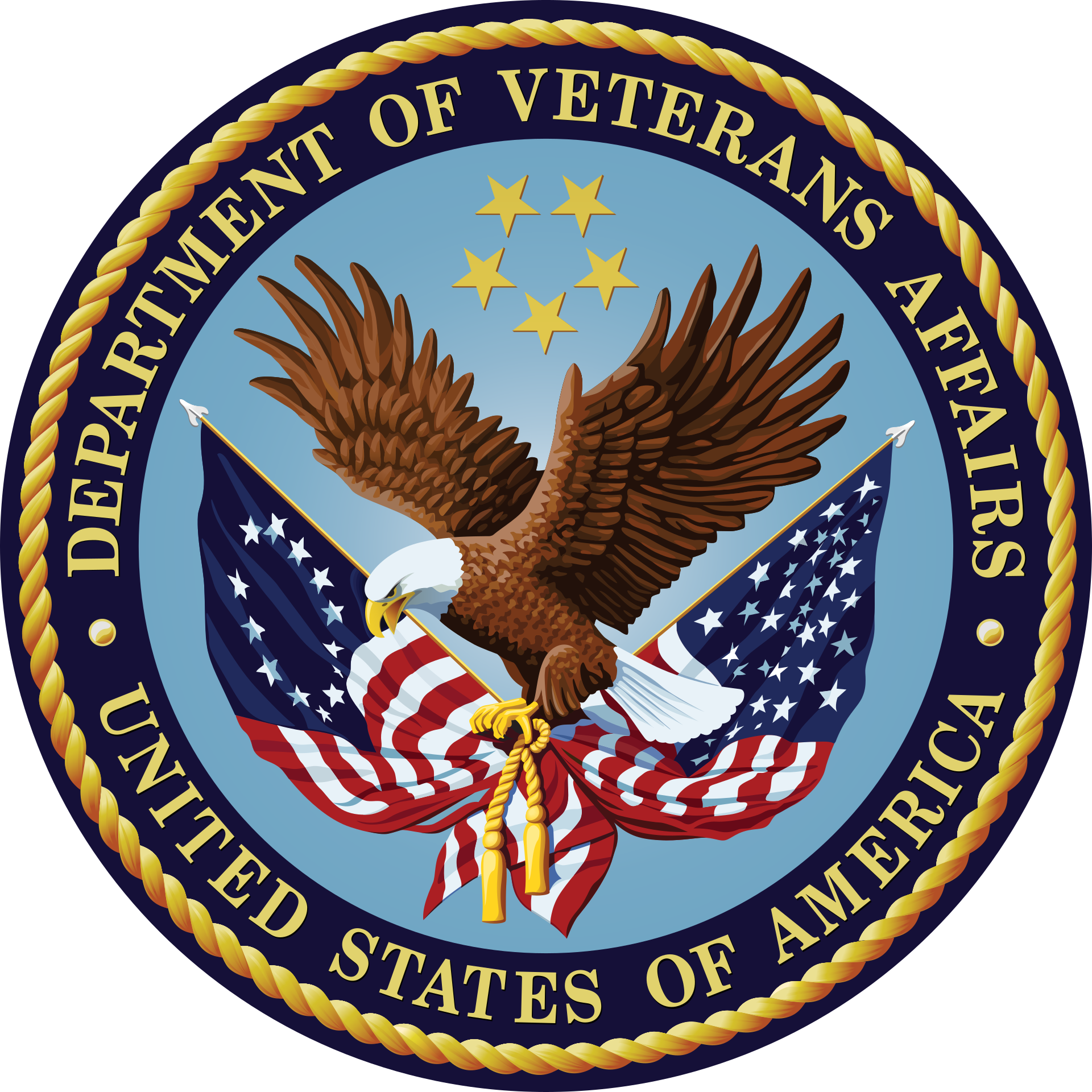The emblem of the Department of Veterans Affairs features a bald eagle with outstretched wings clutching a shield with an American flag motif. A circle of stars and the text 'DEPARTMENT OF VETERANS AFFAIRS' surround the eagle, all enclosed within a gold rope border against a dark background.