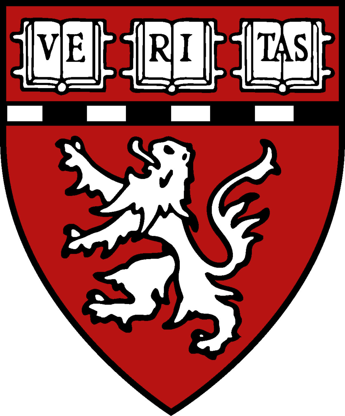 Harvard University crest featuring a red shield with a white lion and an upper section with open books displaying the text "VERITAS"