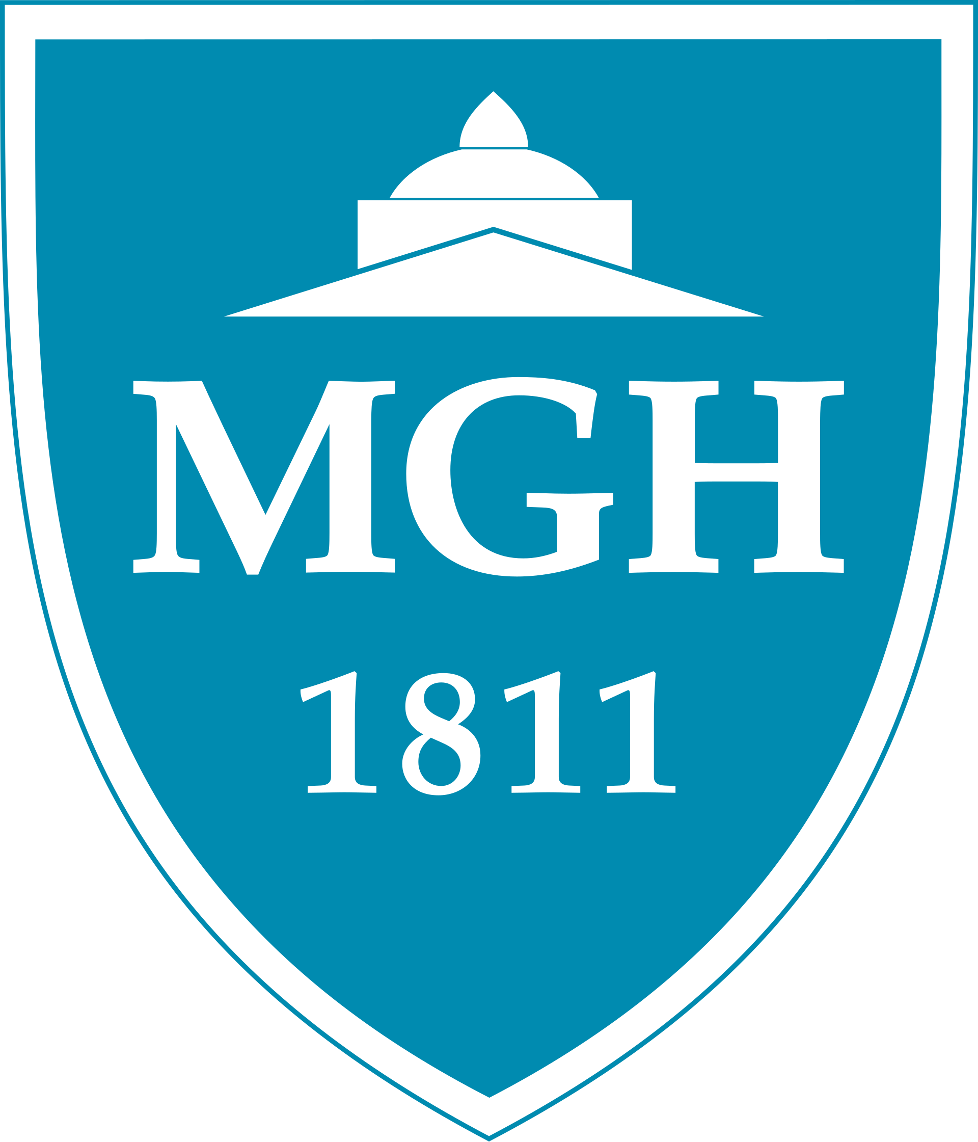 A crest with a blue background, the letters 'MGH' and the year '1811' written on it in white, topped with a white dome.