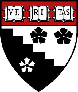 Harvard University shield with the word 'VERITAS' on open books and three flowers.