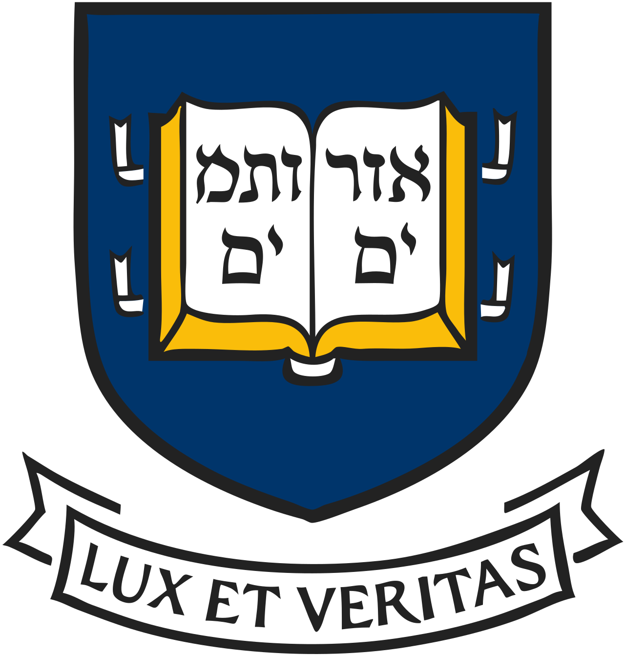 Harvard University seal featuring an open book with Hebrew text and a Latin motto 'Lux et Veritas' on a banner.
