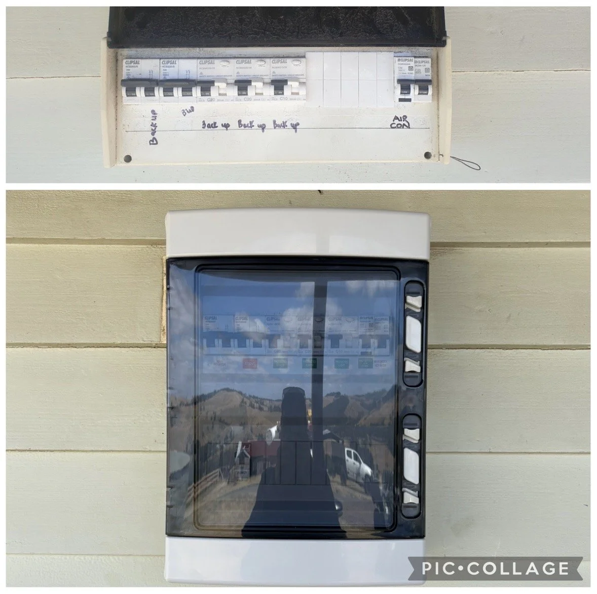 A photo of an electrical panel with circuit breakers and a note pad, and a separate photo of a modern electric breaker box with a transparent cover, mounted on a beige wall.