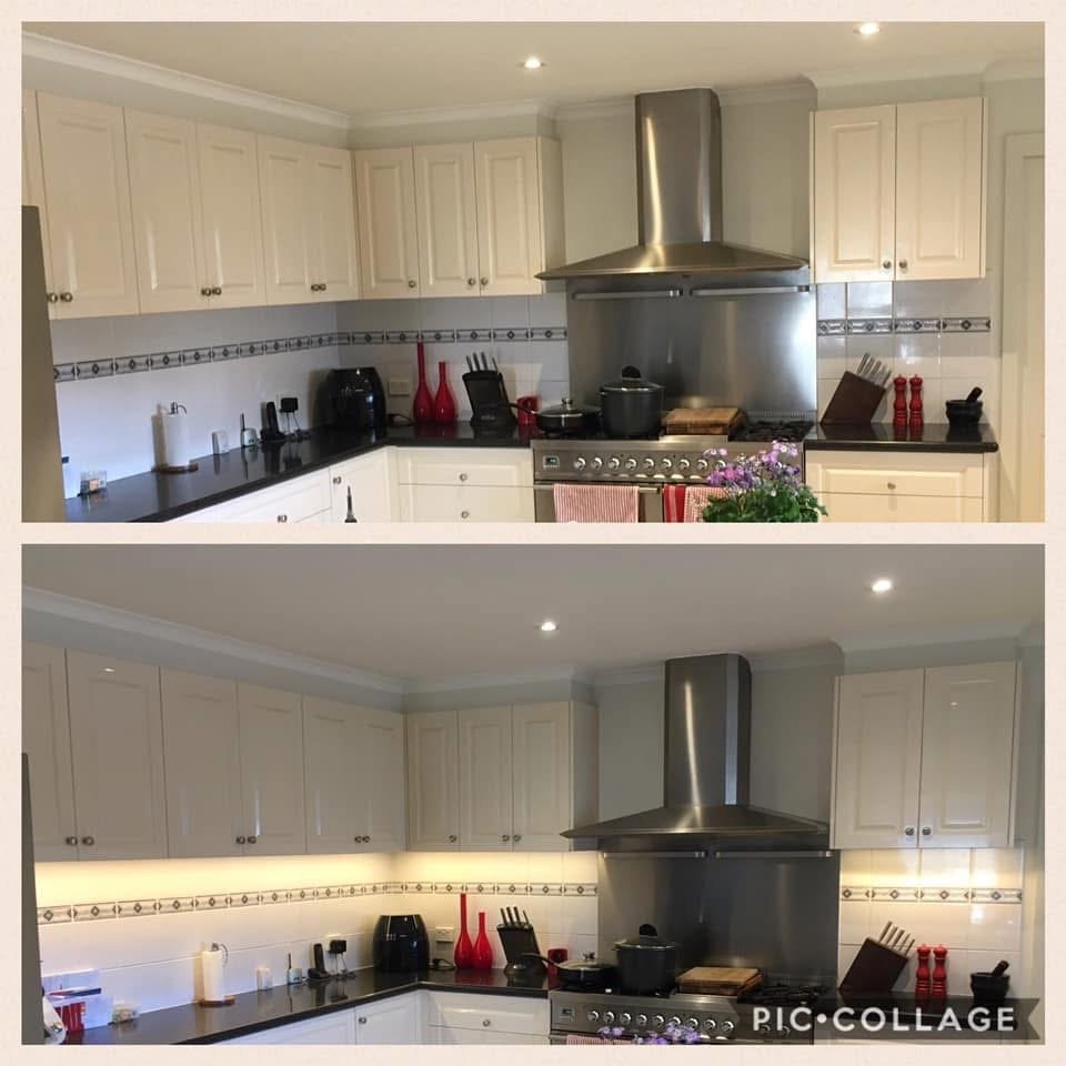 Side-by-side comparison of a kitchen before and after a lighting upgrade. The 