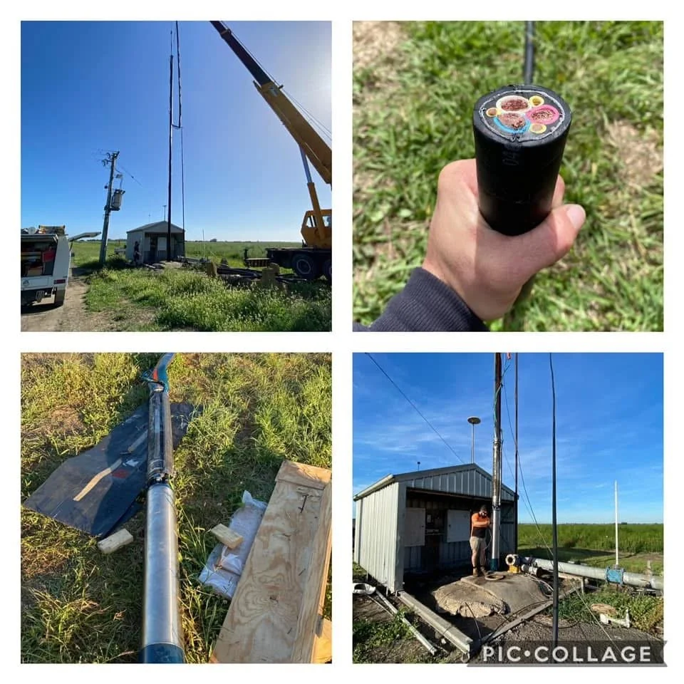 A collage of four photos showing a land-based operation. The top left shows a crane lifting a tall pole or antenna near a small building with green grass and blue sky. The top right shows a hand holding a black cylindrical object with colorful toppin