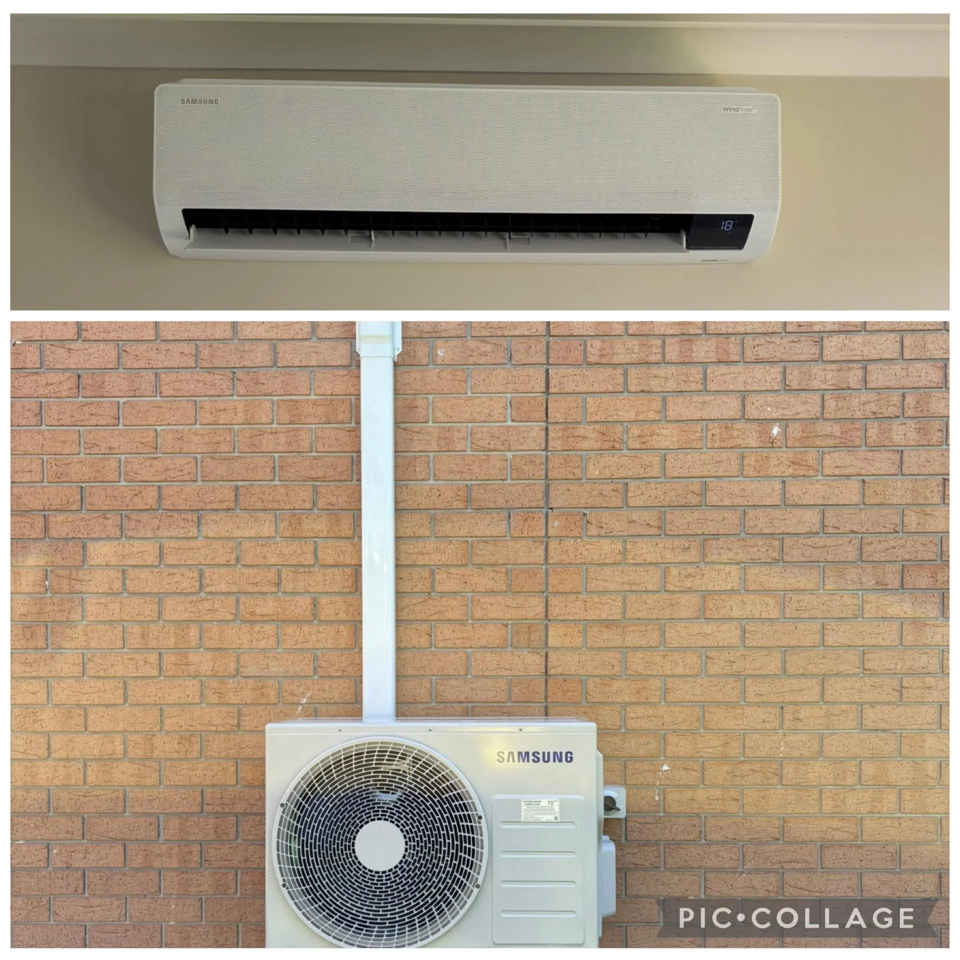 An outdoor wall-mounted Samsung air conditioning unit on a brick wall. The unit has a large circular fan grille at the bottom and a sleek upper casing.