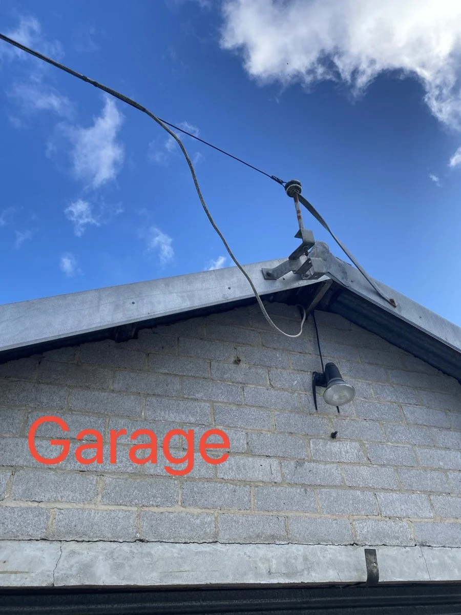 A brick garage wall with a metal roof edge, an exterior light fixture hanging, and a wire running from the roof to a wire in the sky. The word 'Garage' is overlaid in red text.