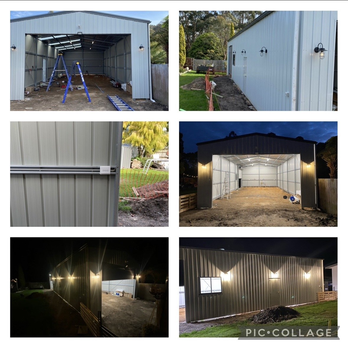 Collage of a metal garage under construction and completed at night. Some images show the interior and exterior lighting, with tools and materials around.