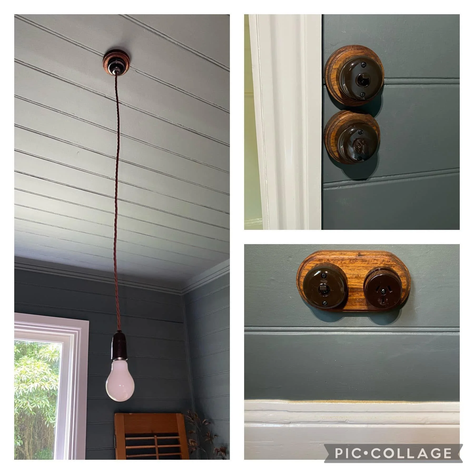 A collage of four images showing different ceiling and wall fixtures inside a house. The first image has a ceiling with white paneling and a hanging red cord light. The second and third images show dark greenish-blue walls with light wooden or dark b