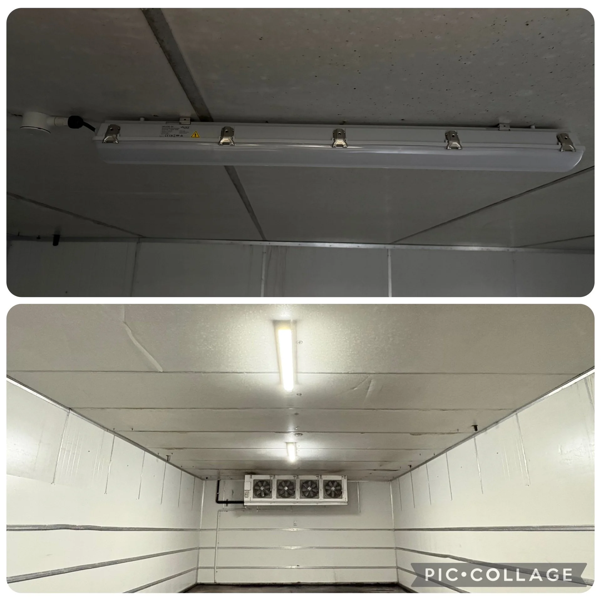 Ceiling of a room with overhead exhaust fans and ventilation, with a fluorescent light fixture and some wiring visible.