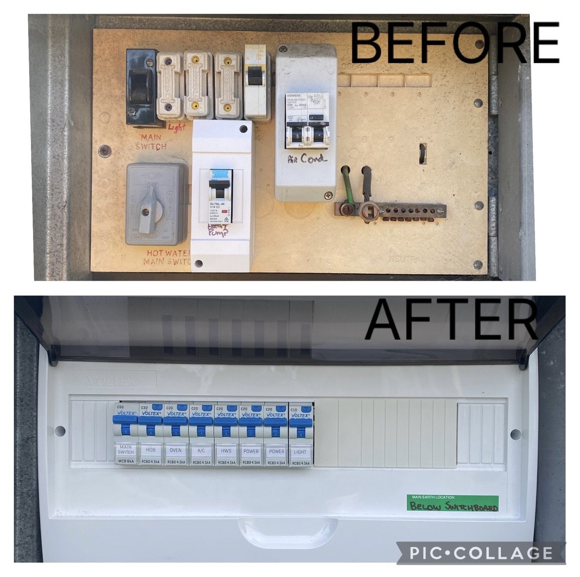 Comparison of an old, cluttered electrical panel labeled with handwritten notes and a new, organized electrical panel with clearly labeled switches and a green sticker indicating main earth location below the switchboard.