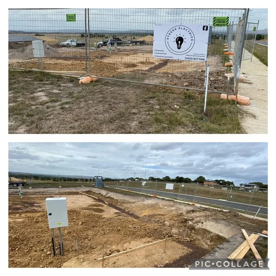 Two construction site photos showing fenced-off areas with electrical equipment and groundwork in progress.