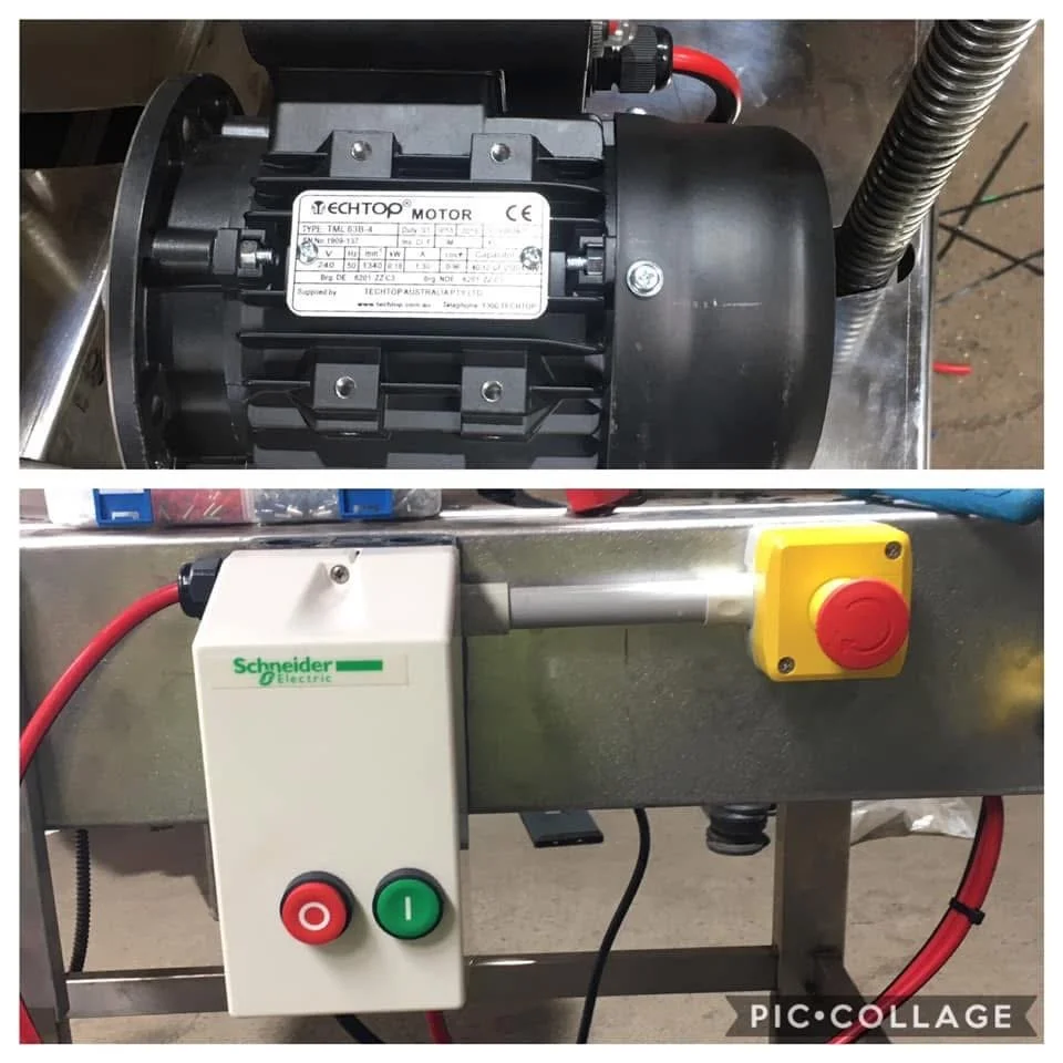 Top image shows an electric motor labeled TECHO with technical specifications, connected with red wires. Bottom image features a control panel with an emergency stop button, a green power button, and a yellow start button, mounted on a metallic frame