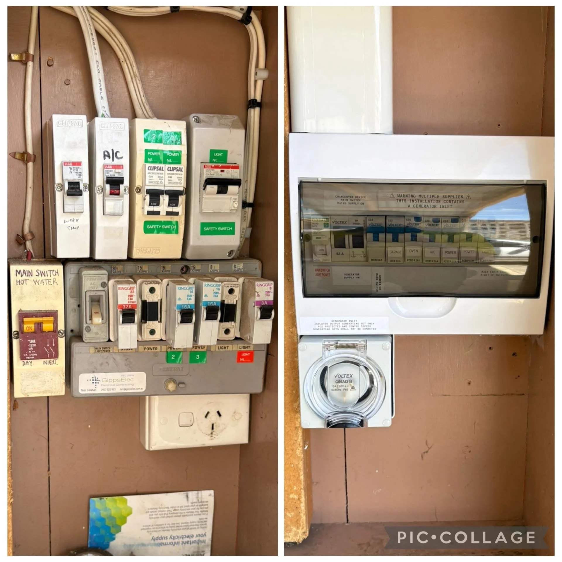 Electrical panel with circuit breakers and switches on a brown wooden surface, with a white box, electrical wiring, and a warning sign. The panel contains labeled switches for power, lights, and other functions.