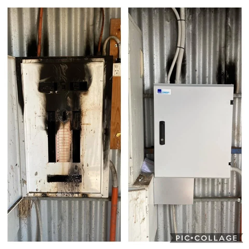 Comparison of electrical panels: the left panel is burned, damaged, and stained with soot, while the right panel is new and clean.