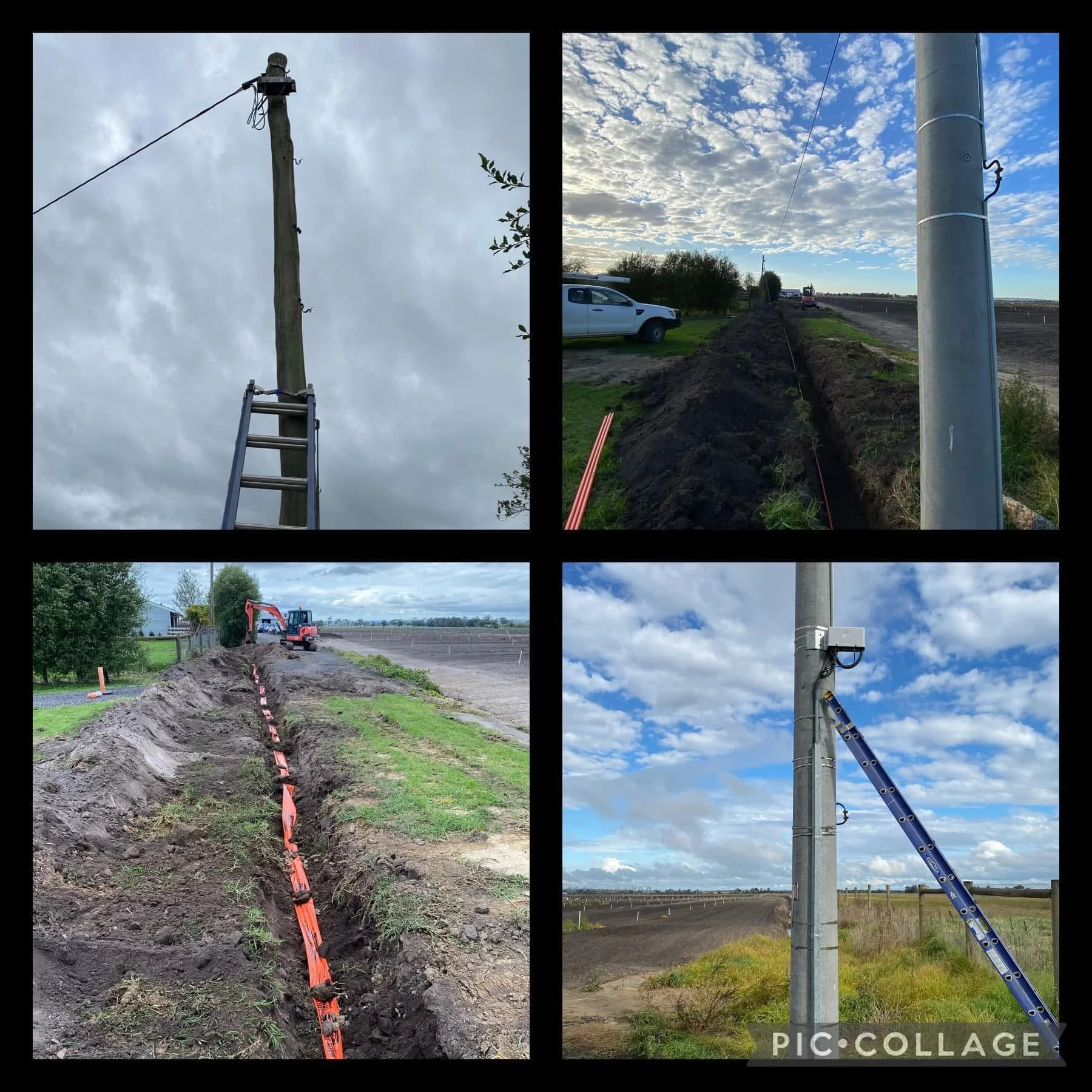Collage of four images showing utility pole installation process. Top left: ladder leaning against a wooden utility pole with wires. Top right: construction workers and a white pickup truck on a dirt line, with a partly cloudy sky. Bottom left: excav