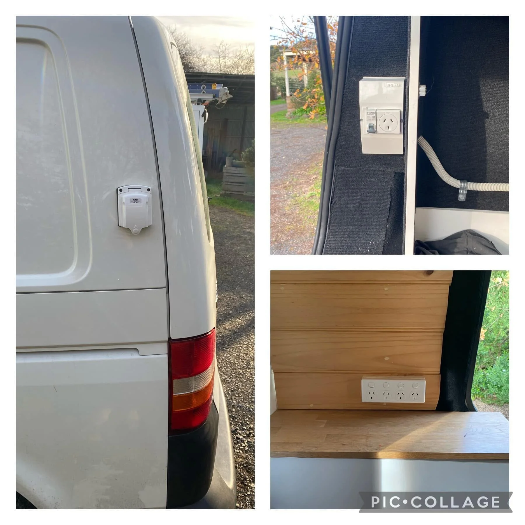 Side view of a white van outdoors, with a white electrical outlet installed on the side, and an interior shot showing a wooden wall with a white power strip and electrical outlet, and a black cable coming from the power strip.