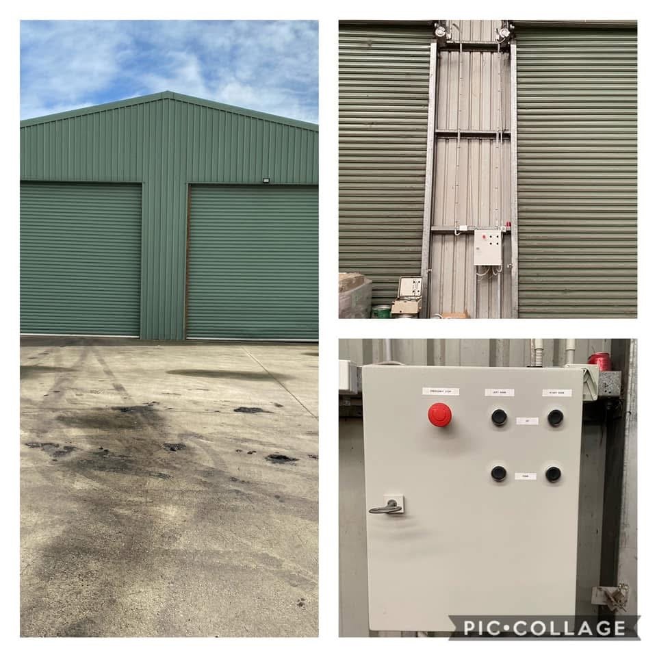 Collage of three industrial images: a green metal warehouse with two large roll-up doors, a close-up of a metal wall with a large metal door and electrical boxes, and an electrical control panel with buttons and labels.