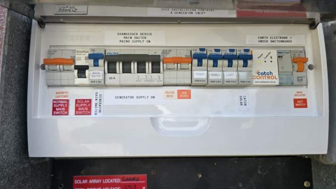 An electrical breaker box with multiple switches and labels, including solar power and earth electrode wiring.