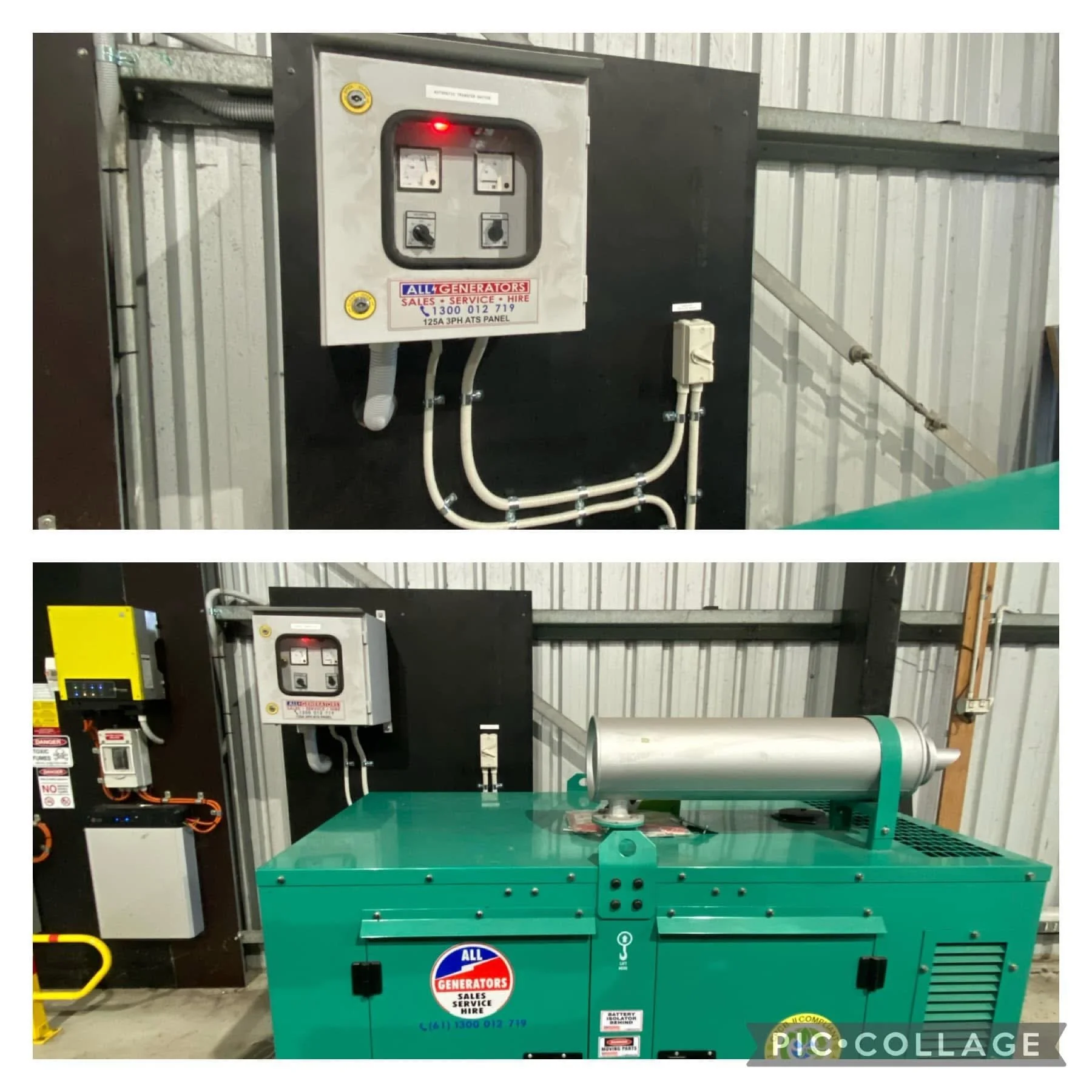 Industrial generator equipment in a storage or workshop setting, with control panels, pipes, and a fuel tank.