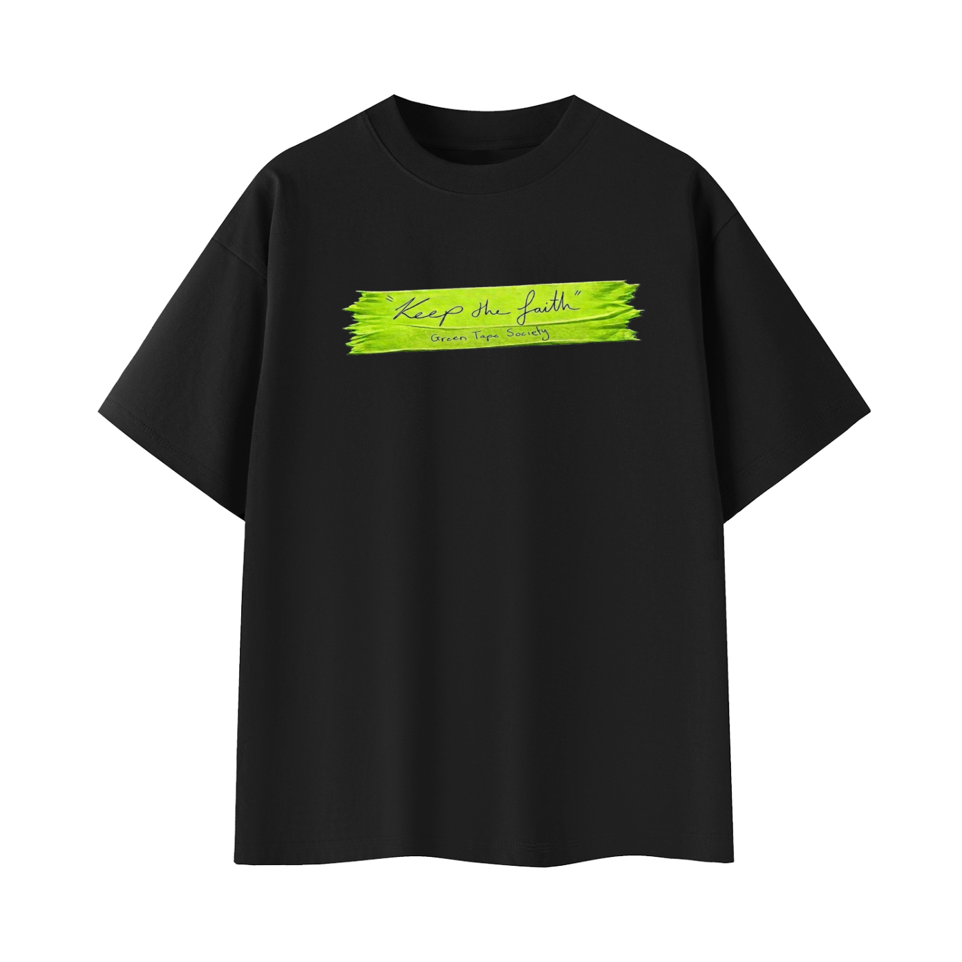 Black T-shirt with green tape -like stripe in the centre displaying handwritten text 'Keep the Faith' and 'Green Tape Society'.