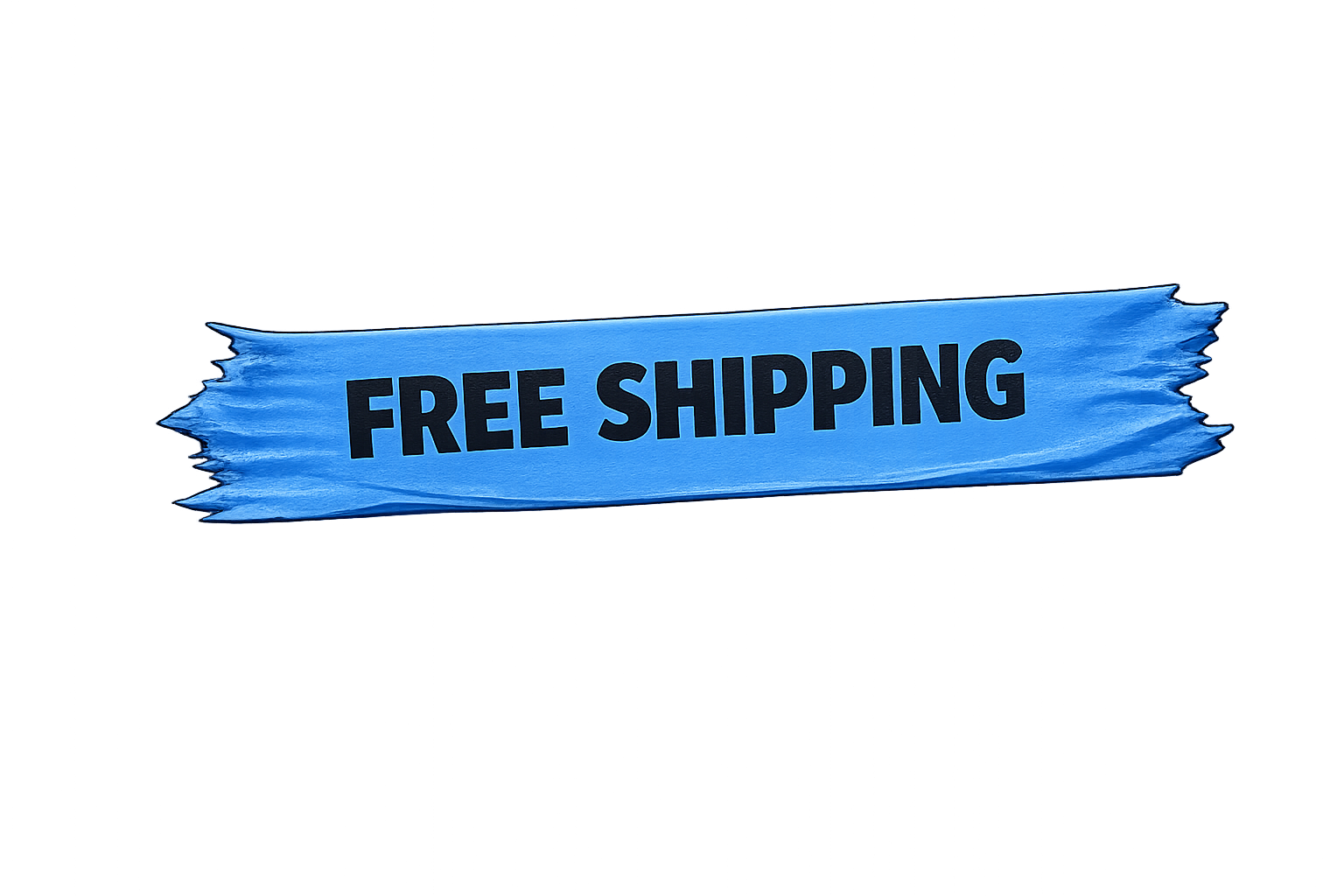 Blue ribbon with torn edges displaying the text 'FREE SHIPPING' in bold black letters.