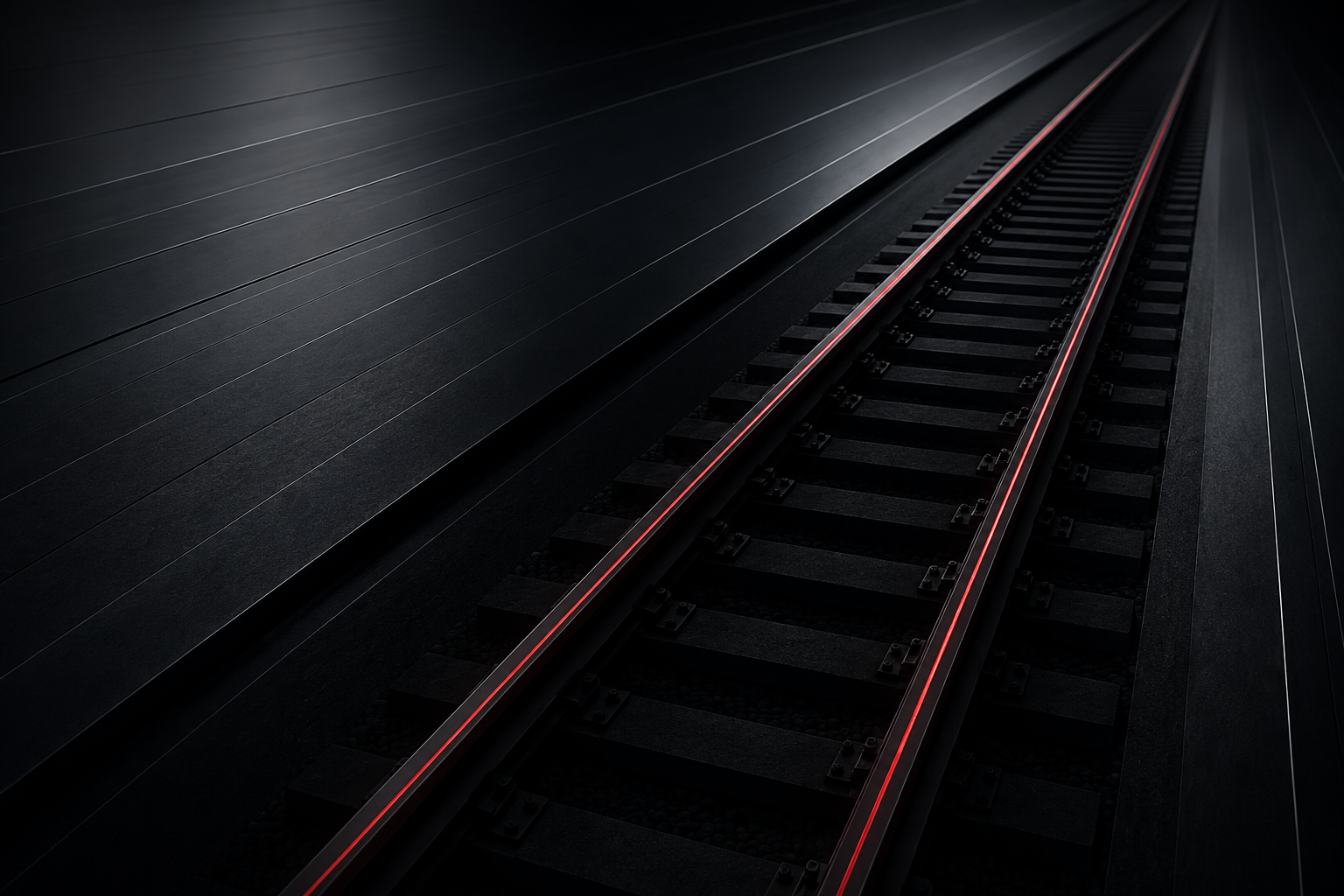 Dark rail track image representing trusted rail advisory, systems integration, assurance and governance services.