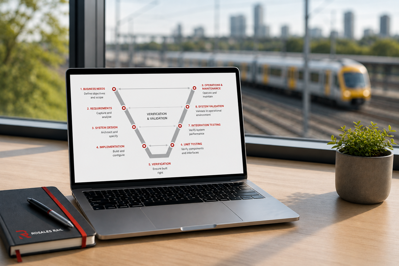 Rail engineering workspace illustrating the verification and validation lifecycle for engineering assurance and project governance