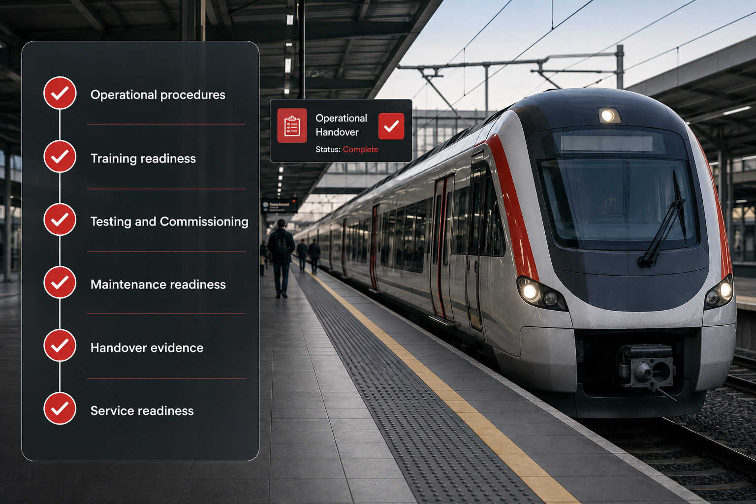 Passenger train with an operational readiness checklist covering procedures, training, testing, maintenance, handover and service readiness