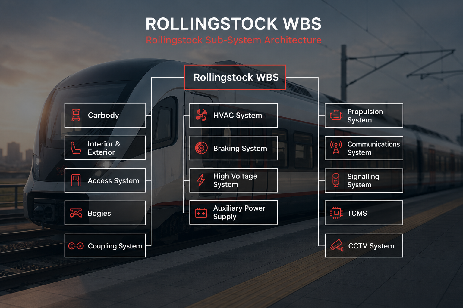 Rollingstock work breakdown structure showing key train systems including carbody, bogies, braking, propulsion, communications and signalling