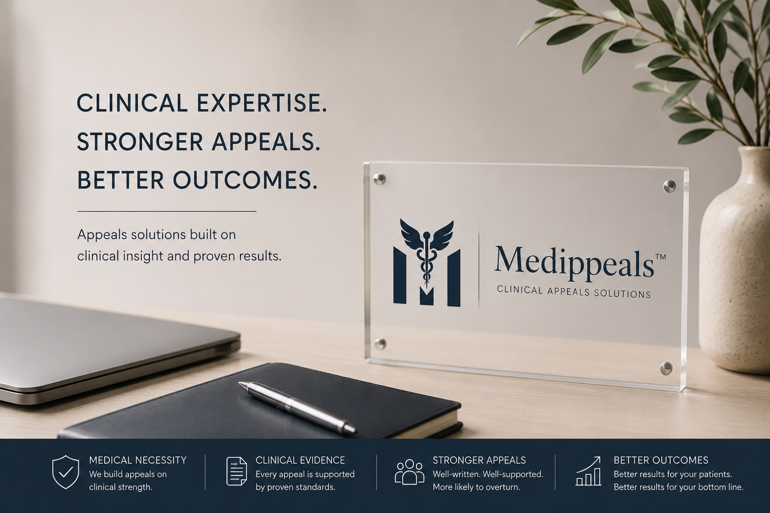 A promotional display for Medippeals, a clinical appeals solutions company, featuring a large text panel, a logo with a caduceus symbol, and a desk with a laptop, notebook, pen, and a potted plant.