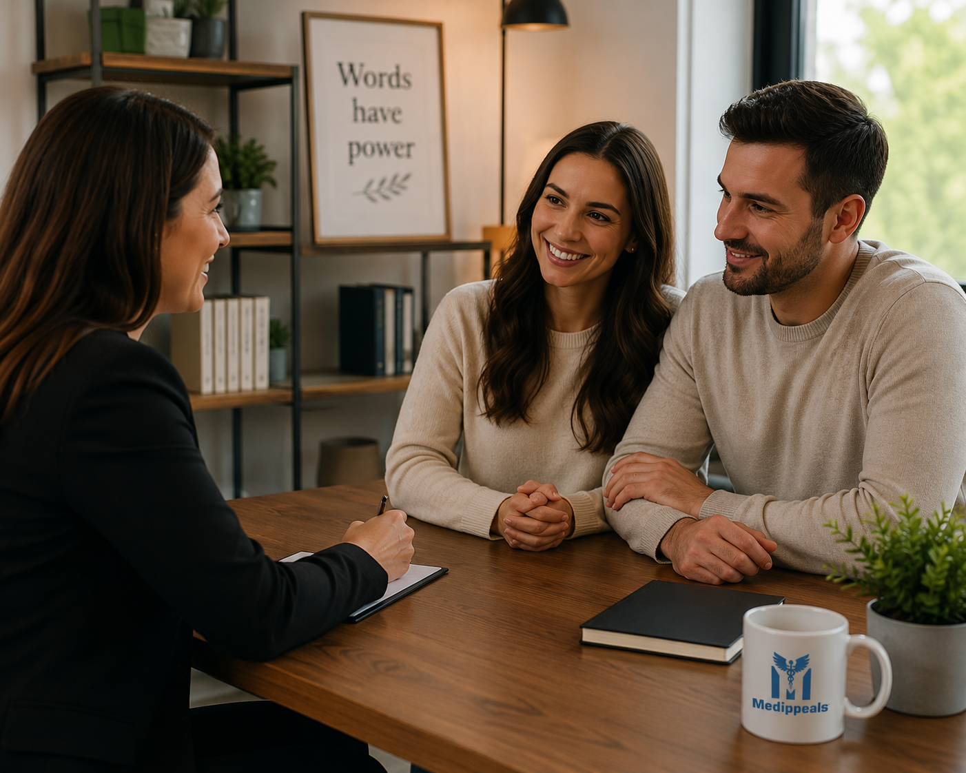 A woman and a man sitting at a table during a consultation, smiling and talking with a professional woman taking notes, with a framed quote in the background saying 'Words have power' and a white mug with the Medippeals logo on the table.