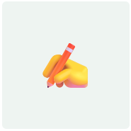 Close-up of a hand holding a red pencil with a yellow glove against a light background.