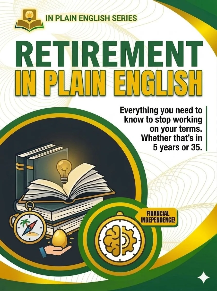Cover of a book titled 'Retirement in Plain English' from the 'In Plain English Series'. The cover features illustrations of books, a light bulb, a hand holding an egg, a globe, and a dollar sign, with green, yellow, and black colors. The text mentions understanding retirement, work terms, and financial independence.