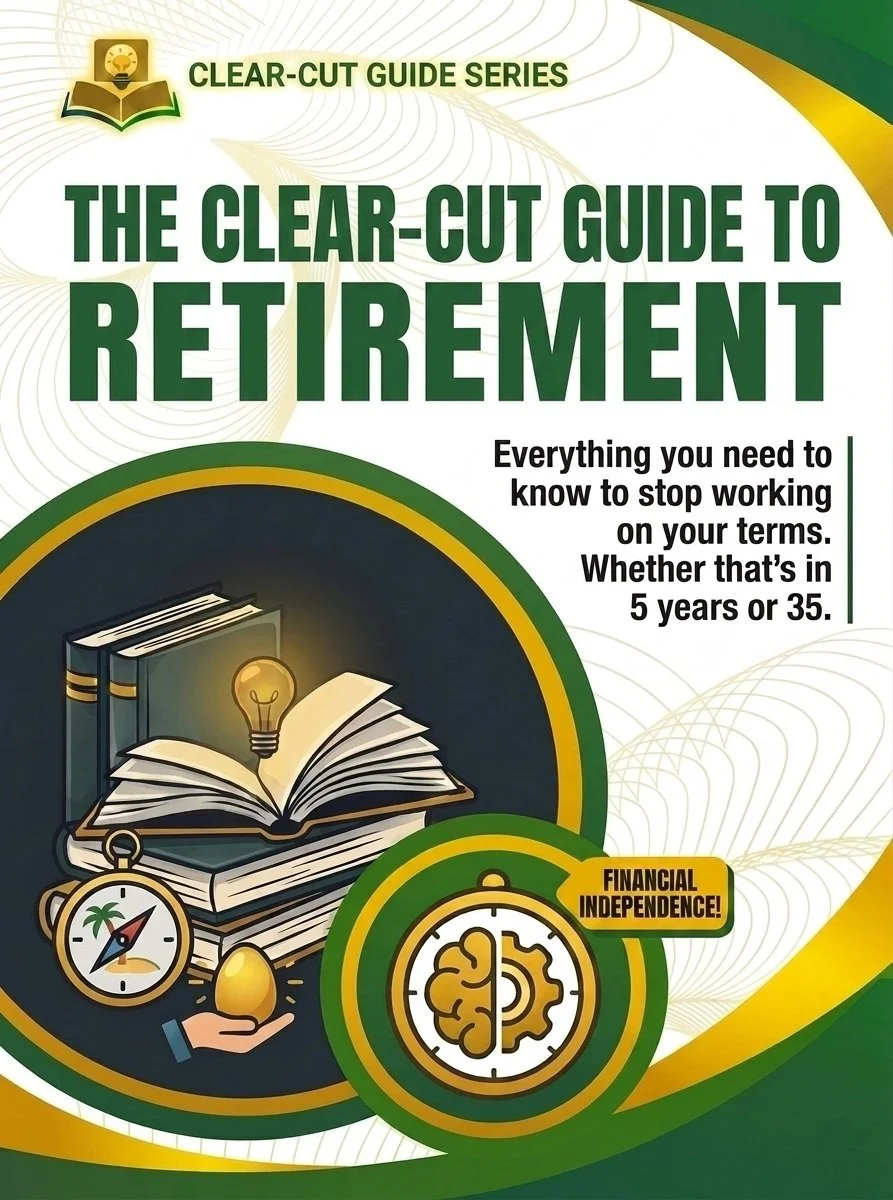 Book titled 'The Clear-Cut Guide to Retirement' with a subtitle about financial independence and retirement planning.