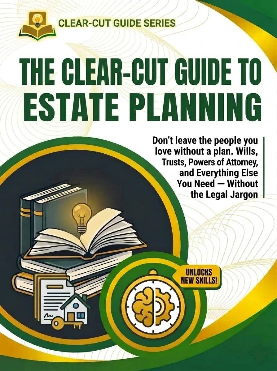 Book with light bulb, house key, and documents, with the text 'The Clear-Cut Guide to Estate Planning' and a stopwatch icon, indicating a focus on estate planning and legal skills.