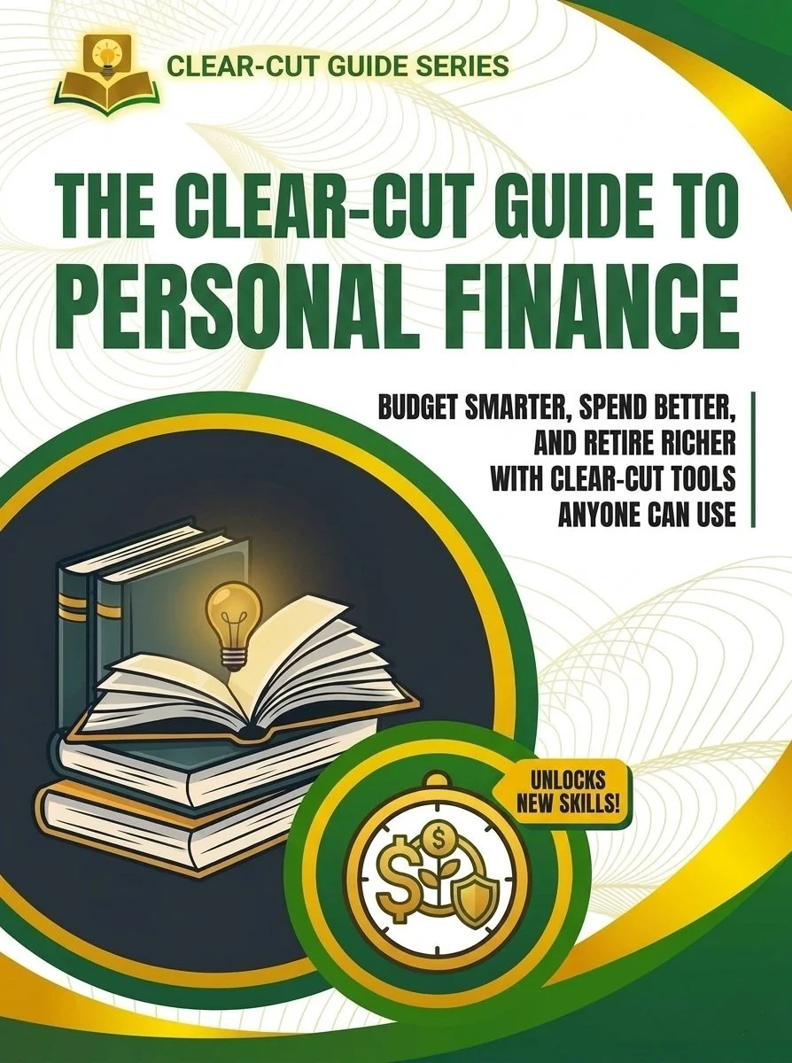 Book titled 'The Clear-Cut Guide to Personal Finance' with a subtitle about budgeting, spending, and retiring rich.