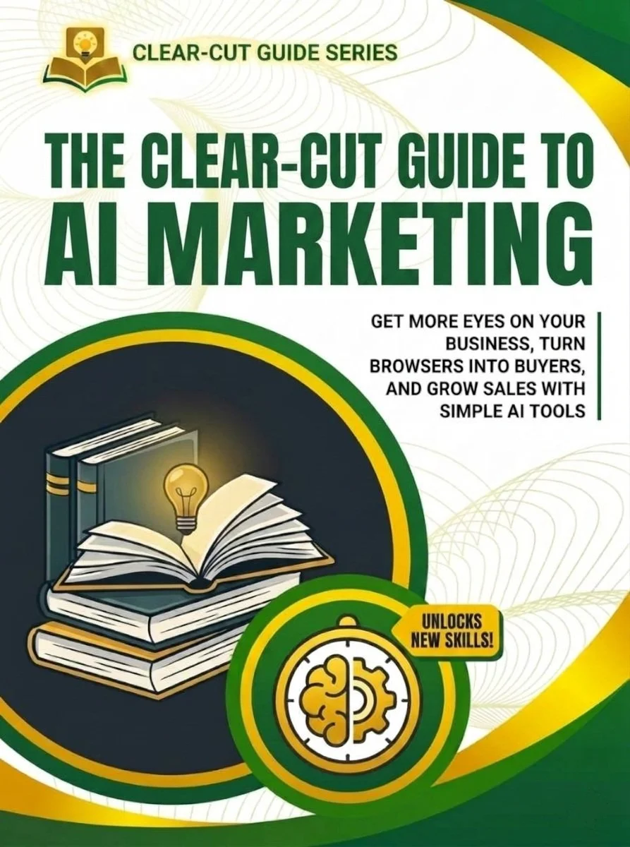 Book titled 'The Clear-Cut Guide to AI Marketing'