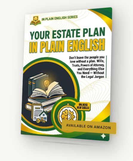 Book titled "Your Estate Plan in Plain English" from the "In Plain English Series," with a cover illustration of a house, a brain, and legal documents, available on Amazon.