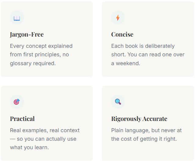 Four informational cards highlighting book features: Jargon-Free, Concise, Practical, and Rigorously Accurate, with icons representing each trait.