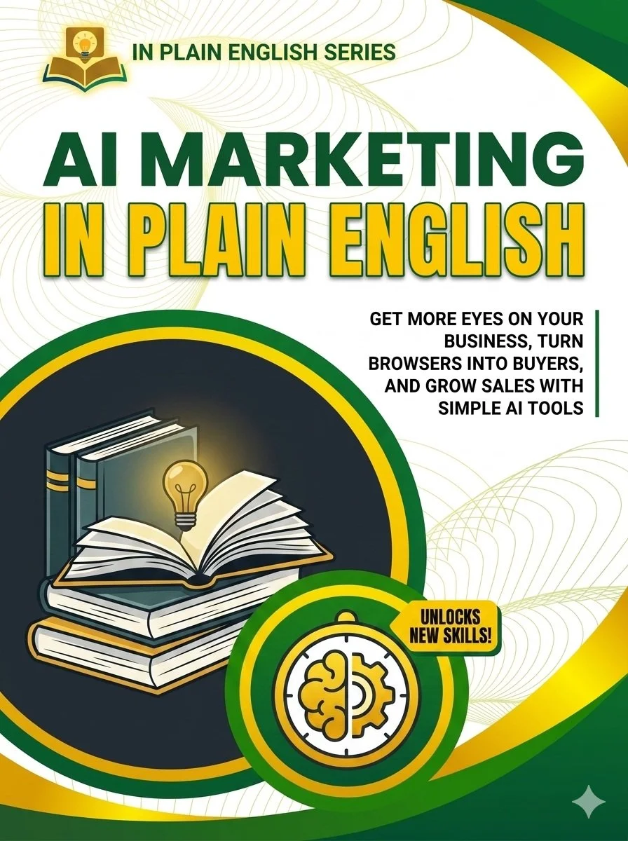 Cover of a book titled "AI Marketing in Plain English" with a subtitle about growing sales using simple AI tools, featuring a graphic of books with a light bulb and a badge that says "Unlocks New Skills!" in green, yellow, black, and white colors.
