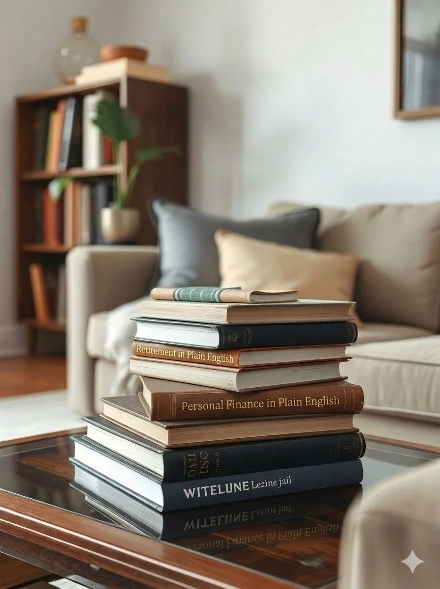 Books on retirement and personal finance stacked on a table.