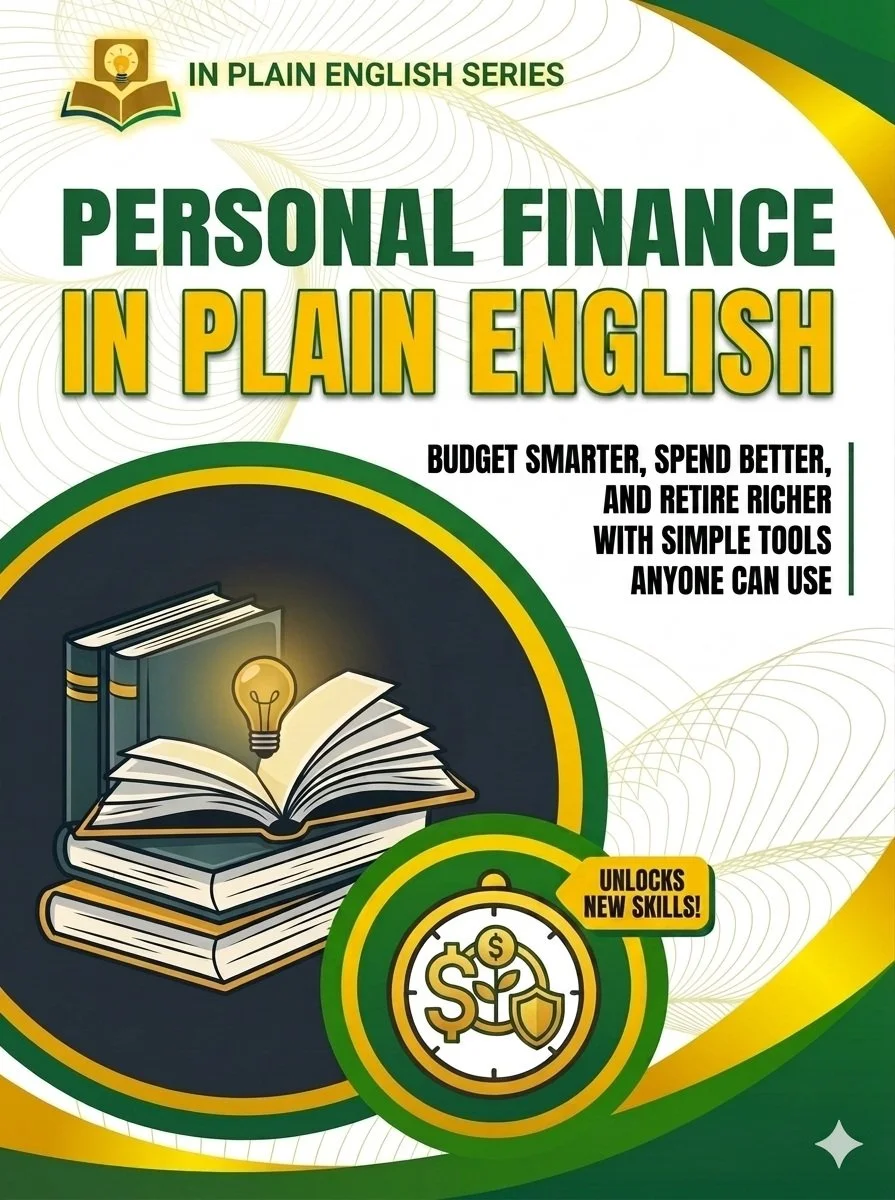 A book cover titled "Personal Finance in Plain English" with the subtitle "Budget smarter, spend better, and retire richer with simple tools anyone can use." Includes icons of books, a light bulb, and a dollar sign with a shield, indicating unlocking new skills.