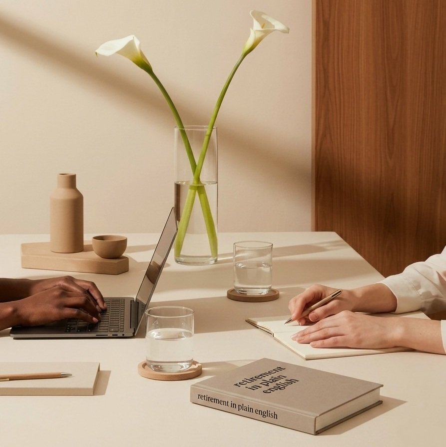 People on a table with a laptop and a notepad and a retirement book in plain English.