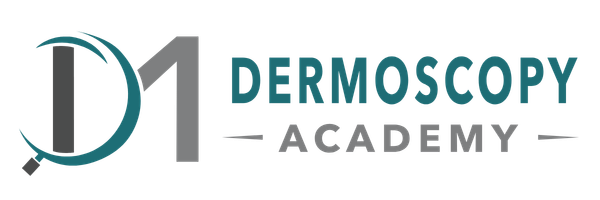 Logo of Dermoscopy Academy with a magnifying glass and stylized text.