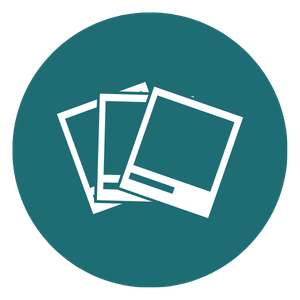 Icon of four overlapping blank photo polaroids on a teal circular background.