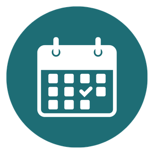Icon of a calendar with marked dates, on a teal background.