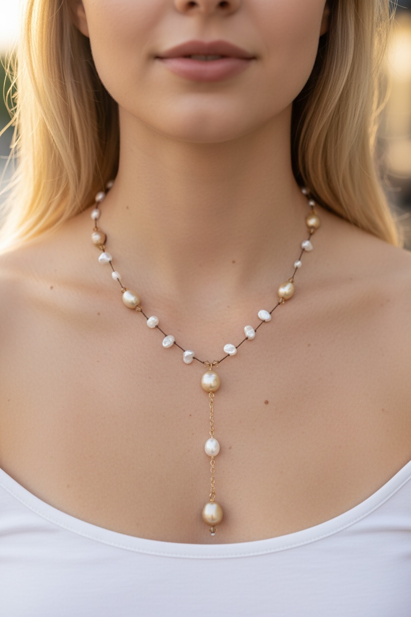 Close-up of a woman's neck and shoulders wearing a pearl necklace with gold chain links.