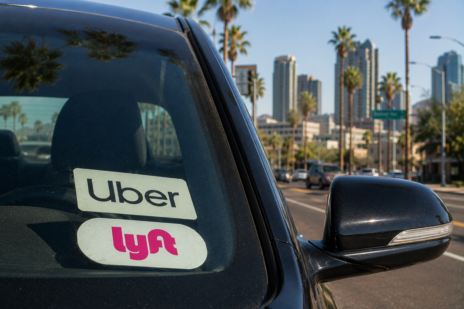 A black Uber and Lyft vehicle parked on a city street with palm trees and tall buildings in the background.