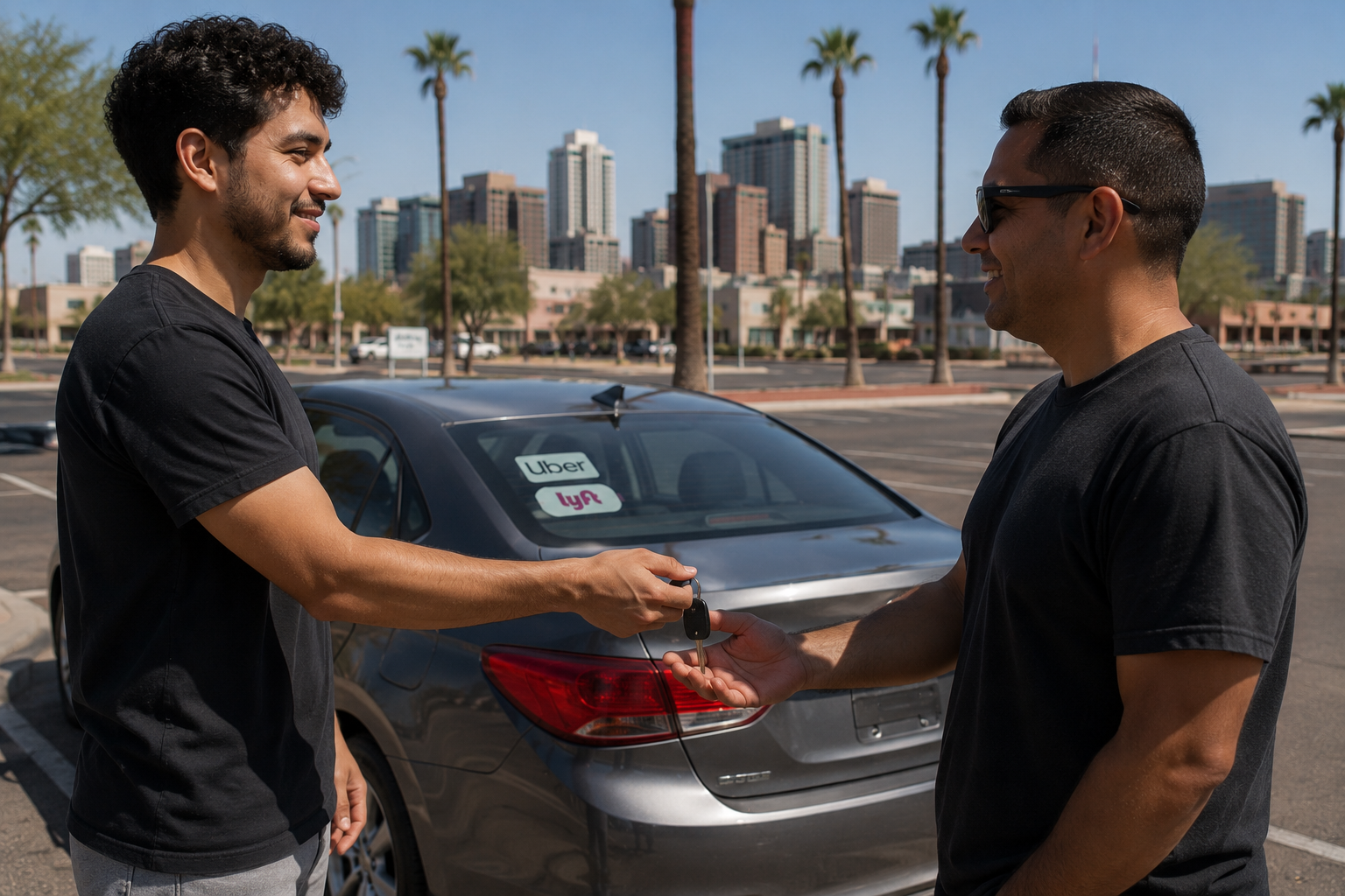 A man is handing car keys to another man in a parking lot with a city skyline and palm trees in the background. The car has Uber and Lyft stickers on the back window.